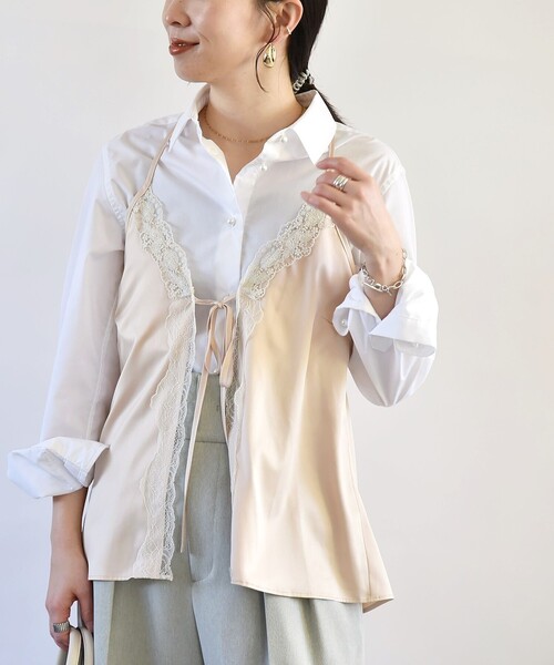 quaranciel（カランシエル）の「quaranciel:〈洗濯機可能〉サテン レース フロント オープン キャミソール（キャミソール・レディース・ベージュ/ナチュラル・ONE SIZE）」の12枚目の写真