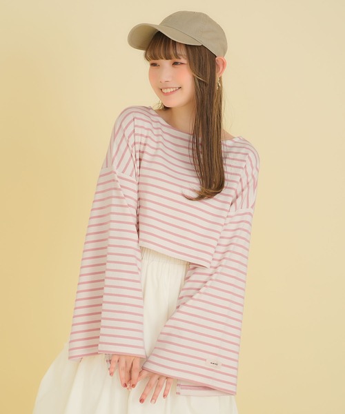 moulis'(ムーリス)の「ワイドスリーブボーダーロンT(Tシャツ/カットソー・レディース・ベビーピンク/ベージュ/ネイビー・MEDIUM/LARGE/LL)」の3枚目の写真