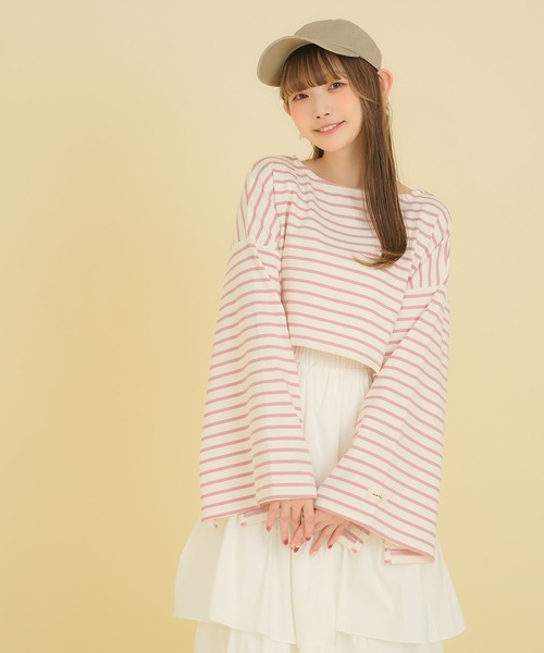moulis'(ムーリス)の「ワイドスリーブボーダーロンT(Tシャツ/カットソー・レディース・ベビーピンク/ベージュ/ネイビー・MEDIUM/LARGE/LL)」の9枚目の写真