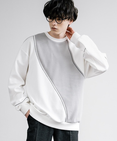 Rocky Monroe(ロッキーモンロー)の「オーバーサイズトリムステッチクルーネックプルオーバー(スウェット・メンズ・ブラック/ホワイト×グレー/オフホワイト・M/L)」の3枚目の写真