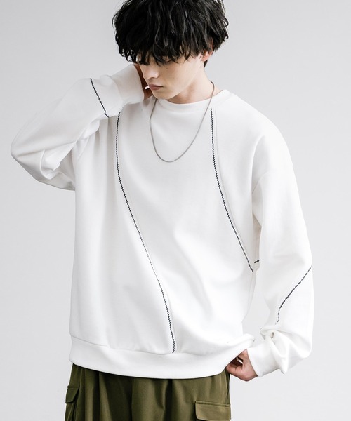 Rocky Monroe(ロッキーモンロー)の「オーバーサイズトリムステッチクルーネックプルオーバー(スウェット・メンズ・ブラック/ホワイト×グレー/オフホワイト・M/L)」の2枚目の写真