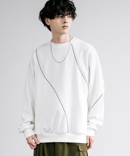 Rocky Monroe(ロッキーモンロー)の「オーバーサイズトリムステッチクルーネックプルオーバー(スウェット・メンズ・ブラック/ホワイト×グレー/オフホワイト・M/L)」の8枚目の写真