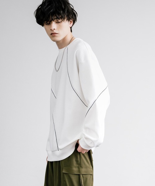 Rocky Monroe(ロッキーモンロー)の「オーバーサイズトリムステッチクルーネックプルオーバー(スウェット・メンズ・ブラック/ホワイト×グレー/オフホワイト・M/L)」の7枚目の写真