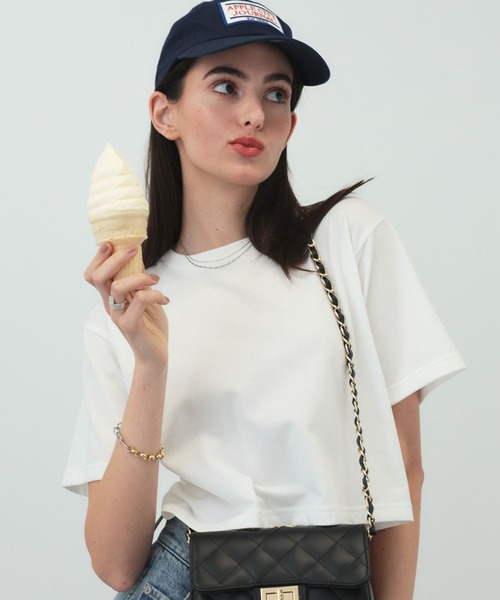 saloon(サルーン)の「SALOON(サルーン)/ クロップドTシャツ 半袖 ショート丈(Tシャツ/カットソー・レディース・ブラック/グリーン/ホワイト/オレンジ・FREE)」の7枚目の写真