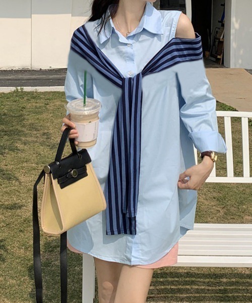 Miniministore(ミニミニストア)の「オフショルダーシャツ肩掛け付きシャツ春夏(シャツ/ブラウス・レディース・ブルー/ベージュ・FREE)」の3枚目の写真