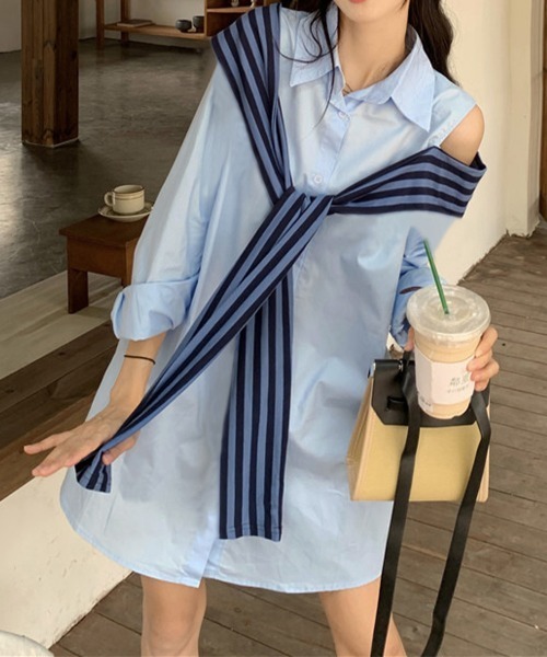 Miniministore(ミニミニストア)の「オフショルダーシャツ肩掛け付きシャツ春夏(シャツ/ブラウス・レディース・ブルー/ベージュ・FREE)」の4枚目の写真