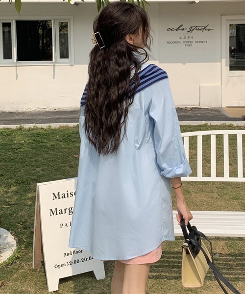 Miniministore(ミニミニストア)の「オフショルダーシャツ肩掛け付きシャツ春夏(シャツ/ブラウス・レディース・ブルー/ベージュ・FREE)」の7枚目の写真