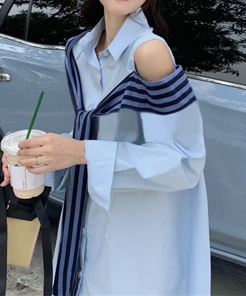 Miniministore(ミニミニストア)の「オフショルダーシャツ肩掛け付きシャツ春夏(シャツ/ブラウス・レディース・ブルー/ベージュ・FREE)」の8枚目の写真