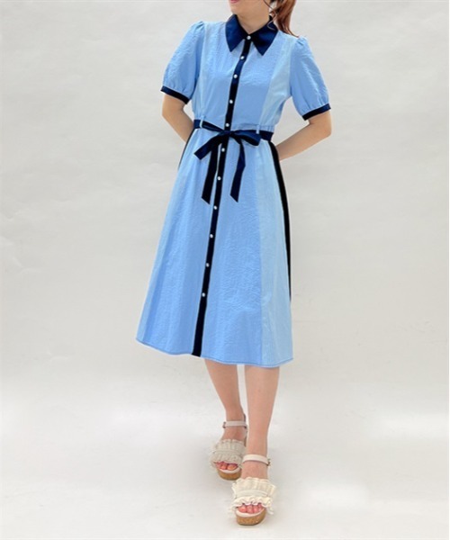 Plage プラージュ semi flareシャツワンピース ブルーストライプ セール】ロングルーズストライプシャツワンピ（シャツワンピース