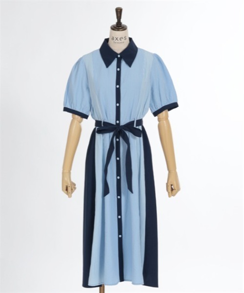 ★ChicLine★ ノベル配色ストライプシャツワンピース シャツワンピース ストライプ ノーカラー 前開き shi cogn xi