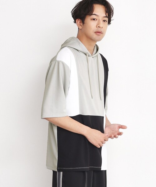 THE SHOP TK (ザ ショップ ティーケー )の「◆パネルブロッキング5分袖パーカー(パーカー・メンズ・ライトグレー系8/ブラック系8/ホワイト系9・02/03)」の7枚目の写真