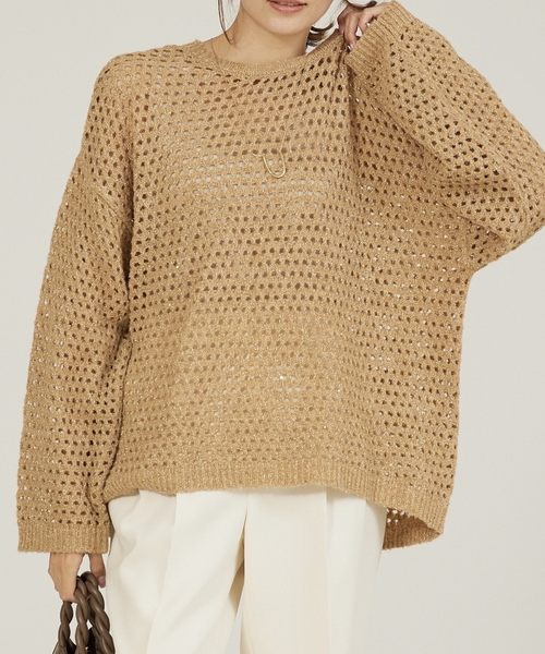 abahouse mavie（アバハウスマヴィ）の「【メッシュ/長袖】スパンコールニット（ニット/セーター・レディース・ブラック/グレイッシュベージュ/ベージュ・フリー）」の2枚目の写真