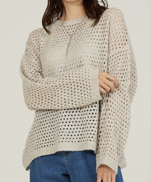 abahouse mavie（アバハウスマヴィ）の「【メッシュ/長袖】スパンコールニット（ニット/セーター・レディース・ブラック/グレイッシュベージュ/ベージュ・フリー）」の3枚目の写真