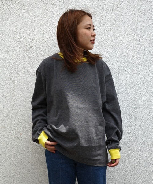 soglia(ソリア)の「SOGLIA/ソリア OPEN END SOLID LONG SLEEVE T リンガーT(Tシャツ/カットソー・レディース・チャコールグレー/キナリ/グリーン・1)」の4枚目の写真