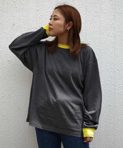 soglia(ソリア)の「SOGLIA/ソリア OPEN END SOLID LONG SLEEVE T リンガーT(Tシャツ/カットソー・レディース・チャコールグレー/キナリ/グリーン・1)」の12枚目の写真