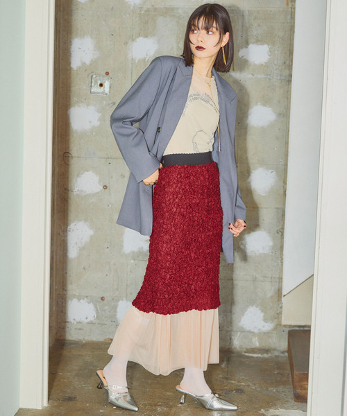 ELLEgirl（エルガール）の「チュールレイヤードシャーリングスカート【ELLEgirl/エル ガール】（スカート・レディース・ブラック/アイボリー/レッド・FREE）」の8枚目の写真