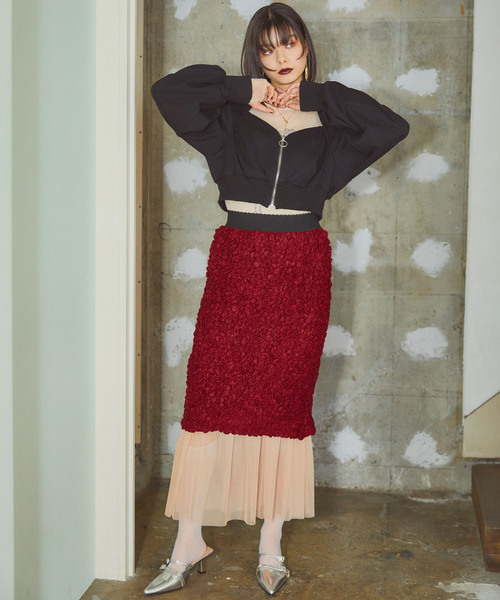 ELLEgirl（エルガール）の「チュールレイヤードシャーリングスカート【ELLEgirl/エル ガール】（スカート・レディース・ブラック/アイボリー/レッド・FREE）」の13枚目の写真