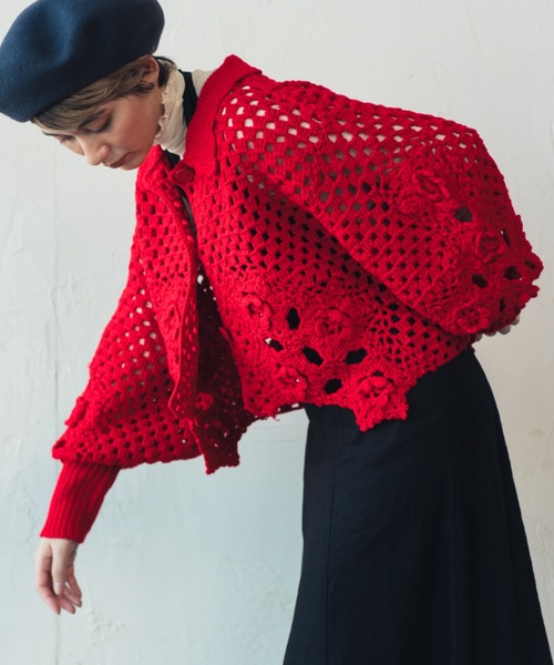 ≪HAND KNIT≫ Flower Crochet Balloon Sleeve Cardigan | フラワークロッシェ バルーンスリーブカーディガン（カーディガン/ボレロ）｜ORIENT MILLINERY（オリエント ミリナリー）