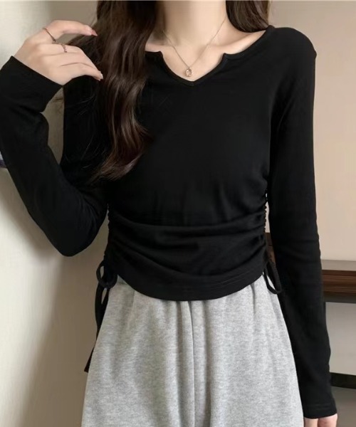 Per sist ence(パーシエンス)の「サイドシャーリング ラウンドネックVカットTシャツ(Tシャツ/カットソー・レディース・ホワイト/ピンク/ダークグレー/ブラック・MEDIUM/LARGE/X-LARGE/SMALL)」の1枚目の写真
