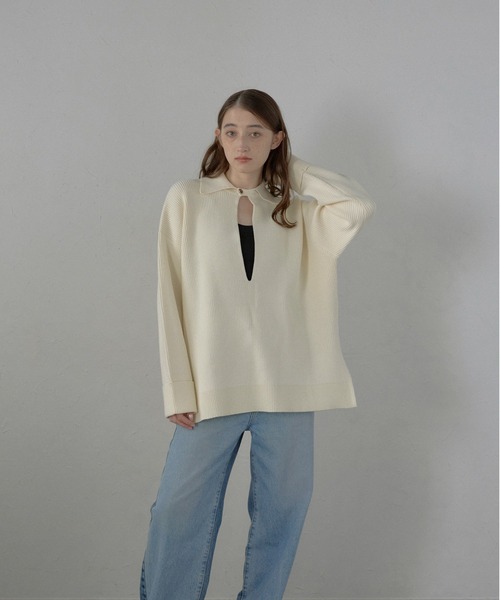 MINERTE（ミネルテ）の「【MINERTE】2way collared deep vneck knit / 2way襟付きディープVネックニット（ニット/セーター・レディース・チャコールグレー/グレー/アイボリー・FREE）」の10枚目の写真
