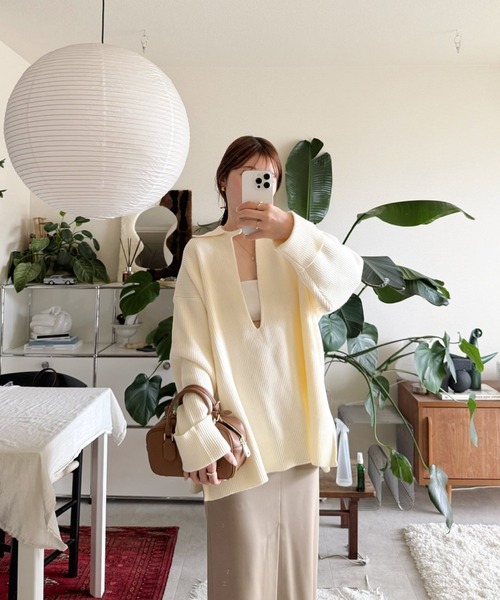 ニット セーター 「MINERTE」2way collared deep vneck knit / 2way襟付きディープVネックニット レディース MINERTE ニット セーター 「MINERTE」2way collared deep vneck
