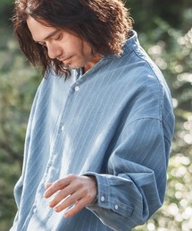 CAMBIO(JrI)ms5957-Herringbone Stripe Jacquard Denim Band Collar Skipper Shirts fjVc(Vc/uEX)