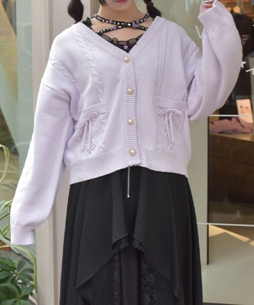 axes femme（アクシーズファム）の「リボンポケットニットカーデ（カーディガン/ボレロ・レディース・ホワイト/グレー/ブルー/ラベンダー・FREE）」の4枚目の写真