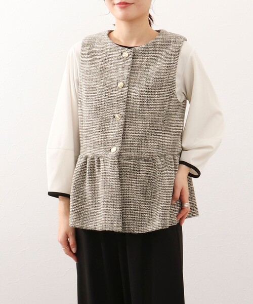 MICO COULIER(ミコクリエ)の「《オケージョン対応》ドライスピン杢ツィード/バスケットラメツィードベスト(ノーカラージャケット・レディース・ネイビー/ブラック系その他・38)」の2枚目の写真