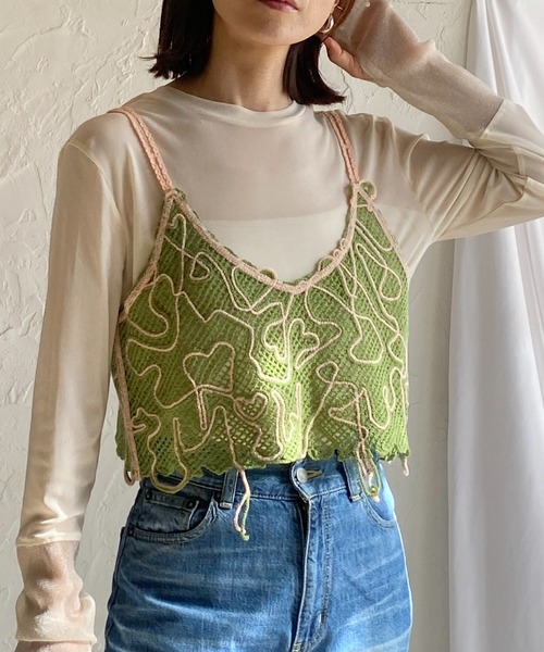 She's Closet（シーズクローゼット）の「ショート丈クロップドコード刺繍ビスチェキャミソール（キャミソール・レディース・ブラウン/ネイビー/グリーン・FREE）」の3枚目の写真