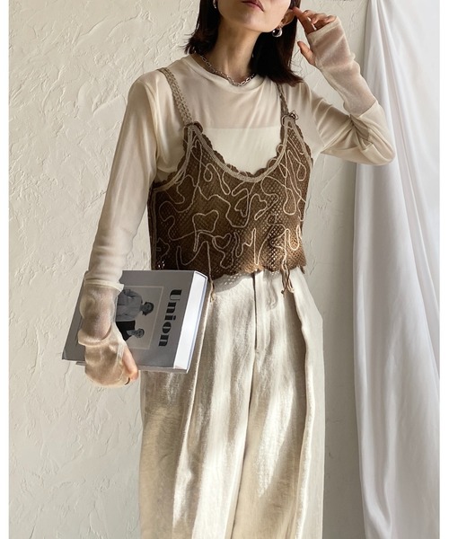 She's Closet（シーズクローゼット）の「ショート丈クロップドコード刺繍ビスチェキャミソール（キャミソール・レディース・ブラウン/ネイビー/グリーン・FREE）」の4枚目の写真