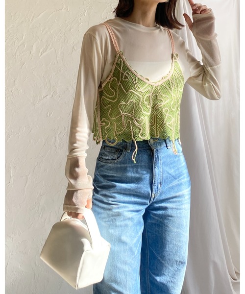 She's Closet（シーズクローゼット）の「ショート丈クロップドコード刺繍ビスチェキャミソール（キャミソール・レディース・ブラウン/ネイビー/グリーン・FREE）」の13枚目の写真