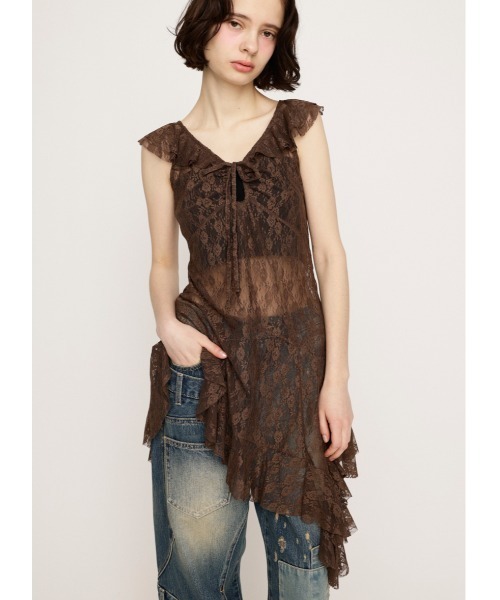 ワンピース ロングプリーツ レース レトロデザイン 韓国 HEM DESIGN LACE FRILL L/TOPS ヘム デザイン レース フリル