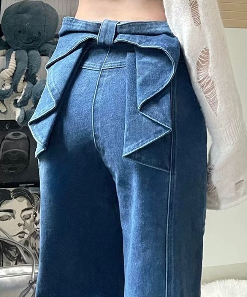 バックリボンデニムストレートパンツ