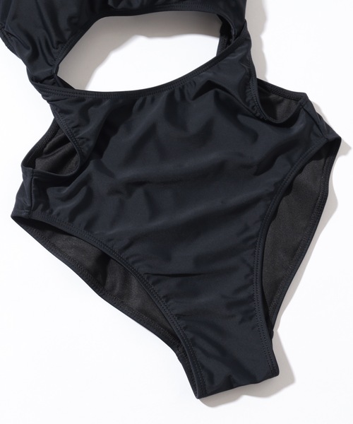 オープンカット ソリッドカラー ラウンドネック ワンピース 水着（水着