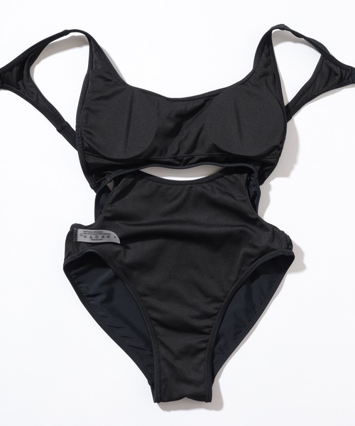 オープンカット ソリッドカラー ラウンドネック ワンピース 水着（水着