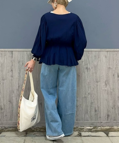 オッズオン　タイダイハイネックブラウス　刺繍総柄　ストレッチ　ブルー　長袖 セール】【Other】「インド刺繍」ブラウス（その他トップス