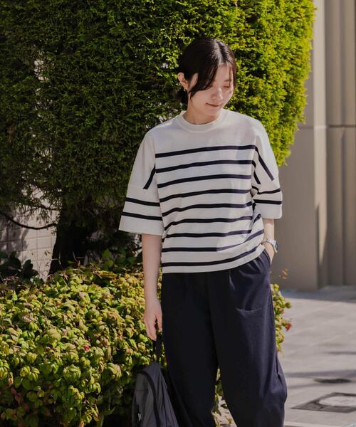 EKAL（エカル）の「ナバルボーダーショートスリーブニットTシャツ（Tシャツ/カットソー・レディース・ネイビー/ベージュ系その他・ONE）」の2枚目の写真