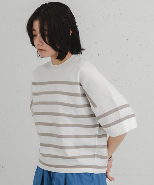 EKAL（エカル）の「ナバルボーダーショートスリーブニットTシャツ（Tシャツ/カットソー・レディース・ネイビー/ベージュ系その他・ONE）」の3枚目の写真