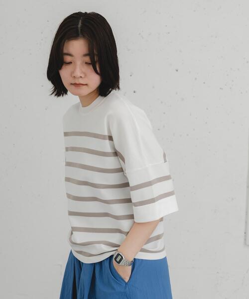 EKAL（エカル）の「ナバルボーダーショートスリーブニットTシャツ（Tシャツ/カットソー・レディース・ネイビー/ベージュ系その他・ONE）」の4枚目の写真