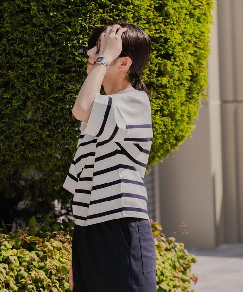 EKAL（エカル）の「ナバルボーダーショートスリーブニットTシャツ（Tシャツ/カットソー・レディース・ネイビー/ベージュ系その他・ONE）」の12枚目の写真