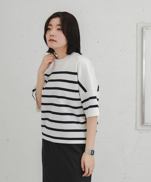 EKAL（エカル）の「ナバルボーダーショートスリーブニットTシャツ（Tシャツ/カットソー・レディース・ネイビー/ベージュ系その他・ONE）」の15枚目の写真