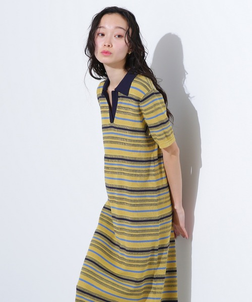 2色 サマー ニット ロング丈 半袖 ワンピース マルチボーダー ♪ セール】マルチ ボーダー サマー ニット トップス（ニット