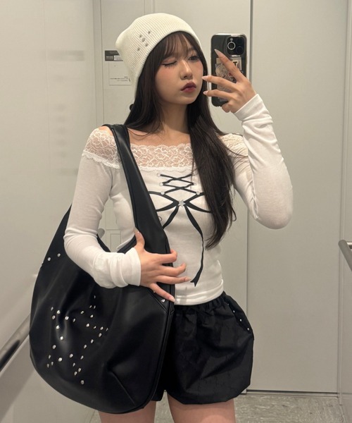 SETUPEXE（セットアップイーエックスイー）の「STUDDED BEANIE（ニットキャップ/ビーニー・レディース・ブラック/モカ/ホワイト・フリー）」の6枚目の写真