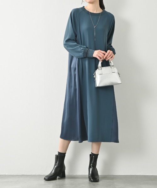 aunt lily（アントリリー）の「【防シワ ストレッチ】異素材ドッキングギャザーふんわりワンピース｜ブラック サンドベージュ ブルー サテン ドルマンスリーブ ドレープ きれいめ オフィスカジュアル（ワンピース・レディース・サンドベージュ/ブラック/ブルー・S/M/L/LL/3L）」の10枚目の写真