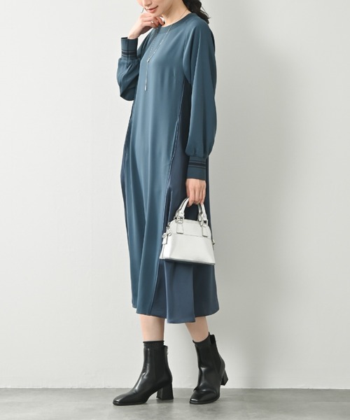 aunt lily（アントリリー）の「【防シワ ストレッチ】異素材ドッキングギャザーふんわりワンピース｜ブラック サンドベージュ ブルー サテン ドルマンスリーブ ドレープ きれいめ オフィスカジュアル（ワンピース・レディース・サンドベージュ/ブラック/ブルー・S/M/L/LL/3L）」の11枚目の写真