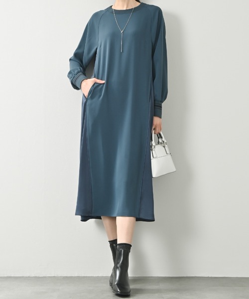 aunt lily（アントリリー）の「【防シワ ストレッチ】異素材ドッキングギャザーふんわりワンピース｜ブラック サンドベージュ ブルー サテン ドルマンスリーブ ドレープ きれいめ オフィスカジュアル（ワンピース・レディース・サンドベージュ/ブラック/ブルー・S/M/L/LL/3L）」の19枚目の写真