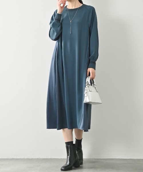 aunt lily（アントリリー）の「【防シワ ストレッチ】異素材ドッキングギャザーふんわりワンピース｜ブラック サンドベージュ ブルー サテン ドルマンスリーブ ドレープ きれいめ オフィスカジュアル（ワンピース・レディース・サンドベージュ/ブラック/ブルー・S/M/L/LL/3L）」の18枚目の写真