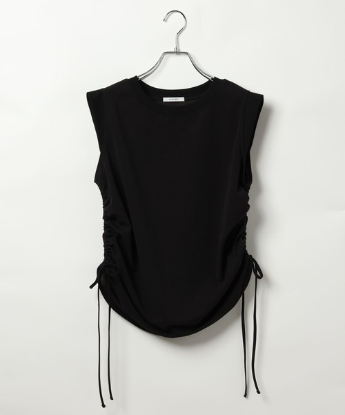 GRANCY シャーリングデザイン ノースリーブT GRANCY】Shirring Design Rhinestone Graphic Sleeveless Tshirt