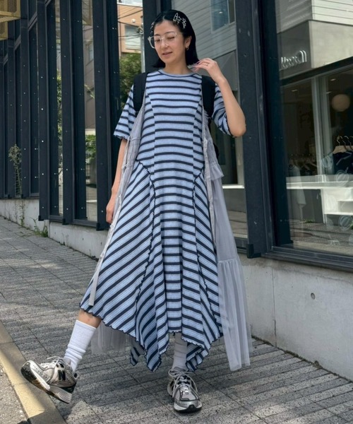 キャンディスリーブストライプワンピース セール】MULTI BORDER FLARE ワンピース（ワンピース）｜Candy