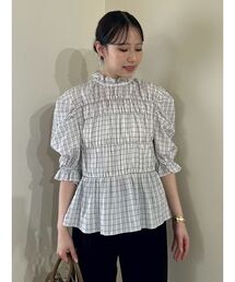 【新品/未使用】Mira Owen チェック柄のリボン付バルーンスリーブブラウス Mila Owen/ミラオーウェン]スタンドカラータックスリーブ